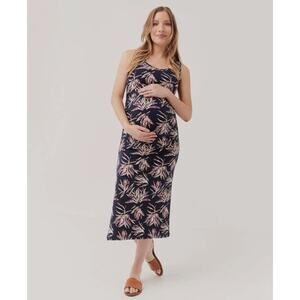 Pact Maternity Freesia Palms Ruched Tank Midi Dress Small Navy Blue Organic